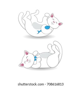 Cute white cat, kitten lying on its back in two positions, cartoon vector illustration isolated on white background. Playful cartoon, comic style cat, kitten lying on its back, two variants, positions