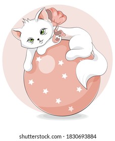 cute white cat, kitten on ball. Picture in hand drawing cartoon style, for t-shirt wear fashion print design, greeting card, postcard. baby shower. party invitation.