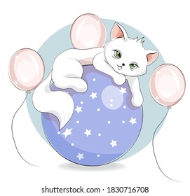 cute white cat, kitten on ball. Picture in hand drawing cartoon style, for t-shirt wear fashion print design, greeting card, postcard. baby shower. party invitation.