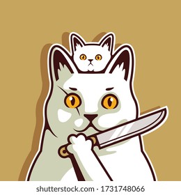 Cute White Cat and KittenHolding Knife Together Vector Illustration - Vector