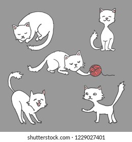 Cute white cat, kitty in different poses. hand drawn line art doodle vector set