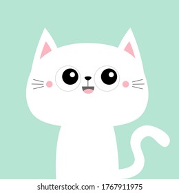 Cute white cat kitty kitten smiling face icon. Happy Valentines Day. Kawaii cartoon character. Pink cheeks. Baby greeting card tshirt notebook cover print. Blue background. Flat design. Vector