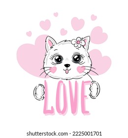 Cute white cat and lettering Love. Design print for t-shirt. Vector Illustration. Pink Hearts.