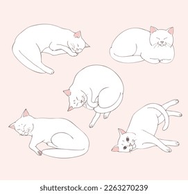 Cute white cat lies in different positions. Set of cat positions. Cat posing. Cats. Sketch. Vector art.