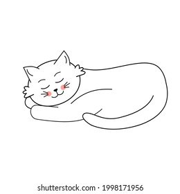 Cute white cat lies and sleeps. Vector illustration with cartoon funny domestic pet.