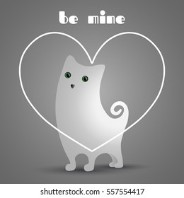 Cute white cat in white, linear heart.
