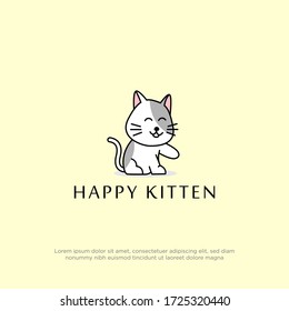 Cute white cat logo design with cartoon style, happy kitten logo design vector