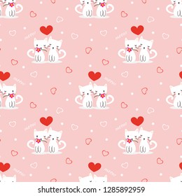 Cute white cat in love symbol seamless pattern. Lovely animal in Valentine concept.