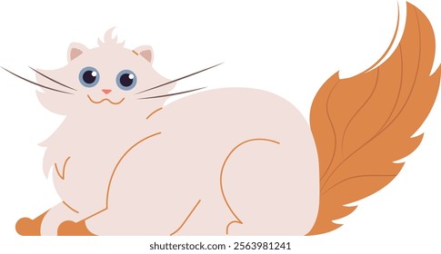 Cute white cat lying down with a big, fluffy orange tail, smiling and showcasing bright blue eyes and delicate whiskers against a clean white background, radiating joy and charm