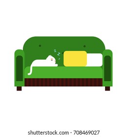 Cute white cat lying on a green sofa, home pet resting cartoon vector Illustration