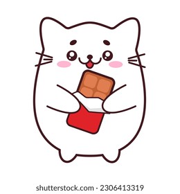 Cute white cat with milk chocolate in the style of kawaii. Vector illustration. Ideal for printing, stickers, patches, posters and postcards