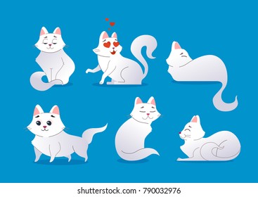 Cute white cat - modern vector cartoon characters illustration isolated on blue background. Different emotions and poses of a nice fluffy pet. Can be used as emoticons, high quality emoji set