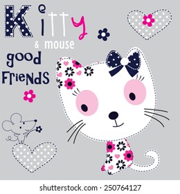 cute white cat with mouse vector illustration