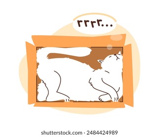 Cute white cat napping in a box, vector design. Flat sticker with a sleeping cat and the text rrrr , isolated on a background for ease of use. Cat in a box.