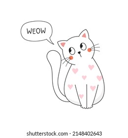 Cute white cat on white background with text Weow. Vector illustration.