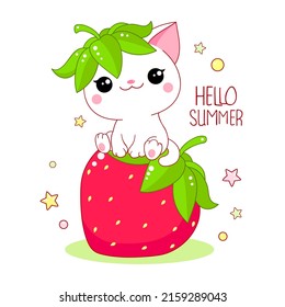 Cute white cat on big strawberry. Inscription Hello summer. Kawaii little kitty and ripe red berry. Happy summer time. Vector illustration EPS8