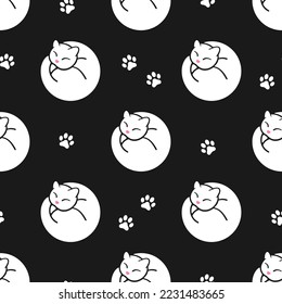 Cute white cat on black background vector seamless pattern. Best for textile, home decor, wallpapers, wrapping paper, package and web design.