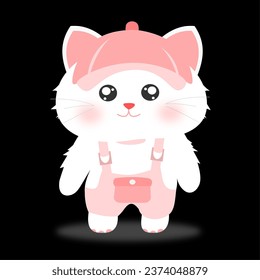 Cute white cat on black background. Illustration. Vecto
