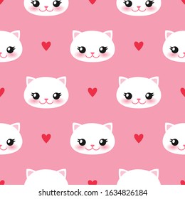 Cute white cat on pink background vector illustration. Happy kitten emoticon seamless pattern. Cartoon kitty emoji