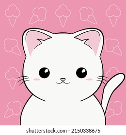 Cute white cat on pink background. Sweet cartoon funny character. Kawaii kitten baby animal for birthday or valentines greeting card. Flat design style.