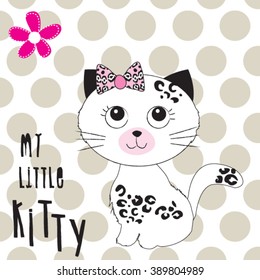 cute white cat on polka dots background, my little kitty T-shirt design for girls vector illustration