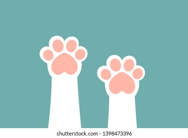 Cute white cat paws with pink pillows up. Vector illustration.