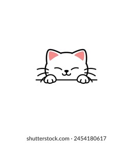 Cute white cat peeking cartoon, vector illustration