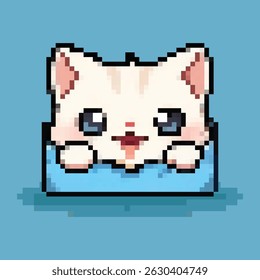 Cute white cat peeking out of a pocket, illustrated in a retro pixel art style with a kawaii theme. Perfect for gaming, animation, and adorable character designs.