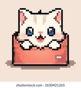 Cute white cat peeking out of a pocket, illustrated in a retro pixel art style with a kawaii theme. Perfect for gaming, animation, and adorable character designs.