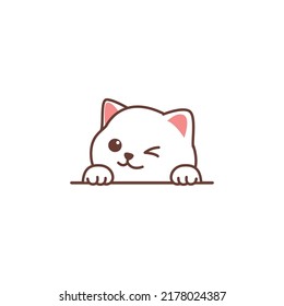 Cute white cat peeking and winking eye cartoon, vector illustration