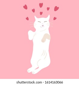 Cute white cat. Pink background with hearts. Valentine's day illustration.Greeting Card for Valentine's Day.Romantic illustration.