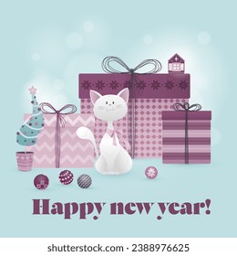Un gatito blanco con un arco rosado entre los regalos. Tarjeta de Año Nuevo. Ilustración vectorial de dibujos animados.