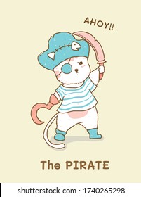 cute white cat in pirate costume, children illustration flat vector idea for greeting card, kid, nursery stuff print