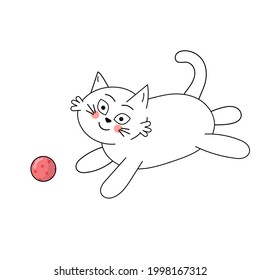 Un gato blanco lindo jugando con una pelota. Ilustración vectorial con caricatura de mascota doméstica graciosa.