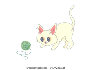 Cute white cat playing with a ball of thread, kawaii