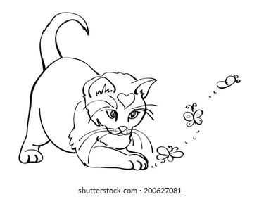 Cute white cat playing with butterflies; vector illustration