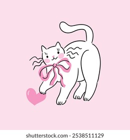 Gato blanco lindo que juega el corazón. Ilustración vectorial para el día de San Valentín. Diseño de tarjeta de San Valentín de gato rosa preppy en estilo dibujado a mano. 