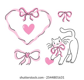 Cute white cat playing the heart, love frame and bows. Vector illustration for Valentines day. Preppy design elements in hand-drawn style. Love clip art for wedding invitation.