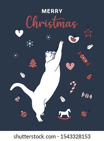 Cute white cat playing with toys. Good for Christmas greeting card, party invites, nursery, posters. Winter vector illustration.