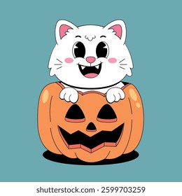Cute white cat with pumpkin