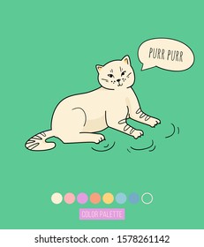 Cute white cat quote print. Happy cat purring, shouts meow isolated - sticker, patch badge, vector doodle icon. Cat purring, asks to play illustration with phrase in bubble speech.