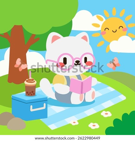 Cute White Cat Reading at Picnic with Bubble Tea. Adorable Cartoon Cat with Glasses Enjoying a Sunny Picnic in Nature. Kawaii Style Cat Reading Book at Picnic with Drink and Butterflies.