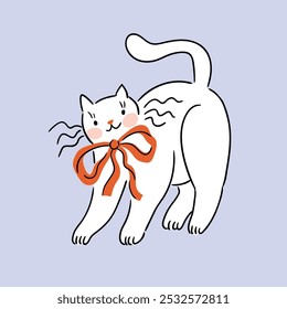 Gato blanco lindo con el lazo rojo. Vector gatito illustation aislado en la luz violar el fondo. Diseño de impresión animal preppy para la camiseta de los niños.