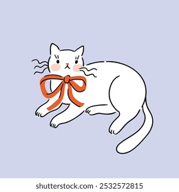 Cute white cat with red bow. Vector kitten illustation isolated on light violate background. Preppy animal print design for kids t-shirt.