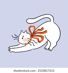 Cute white cat with red bow. Vector kitten illustation isolated on light violate background. Preppy animal print design for kids t-shirt.