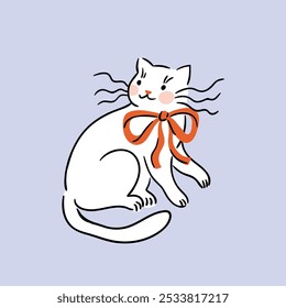 Gato blanco lindo con el lazo rojo. Vector gatito illustation aislado en la luz violar el fondo. Diseño de impresión animal preppy para la camiseta de los niños.