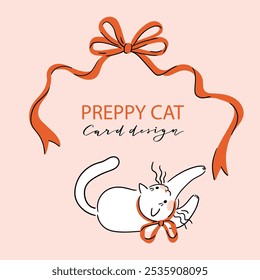 Cute white cat and red bow frame. Vector kitten illustation isolated on pink background. Preppy animal print design with place for your text. Sale banner template