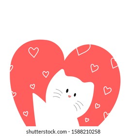 cute white cat with red heart background and mini heart texture , Valentine's Day concept