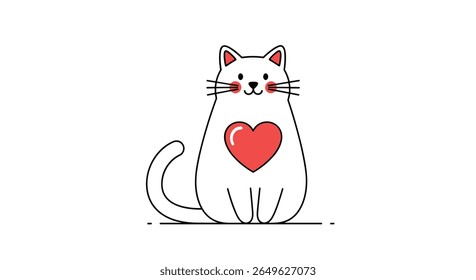 Cute white cat with a red heart on its chest sitting still on a white background