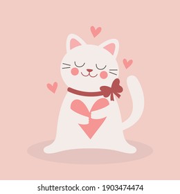 Cute white cat with red ribbon bow holding heart. Valentine's Day